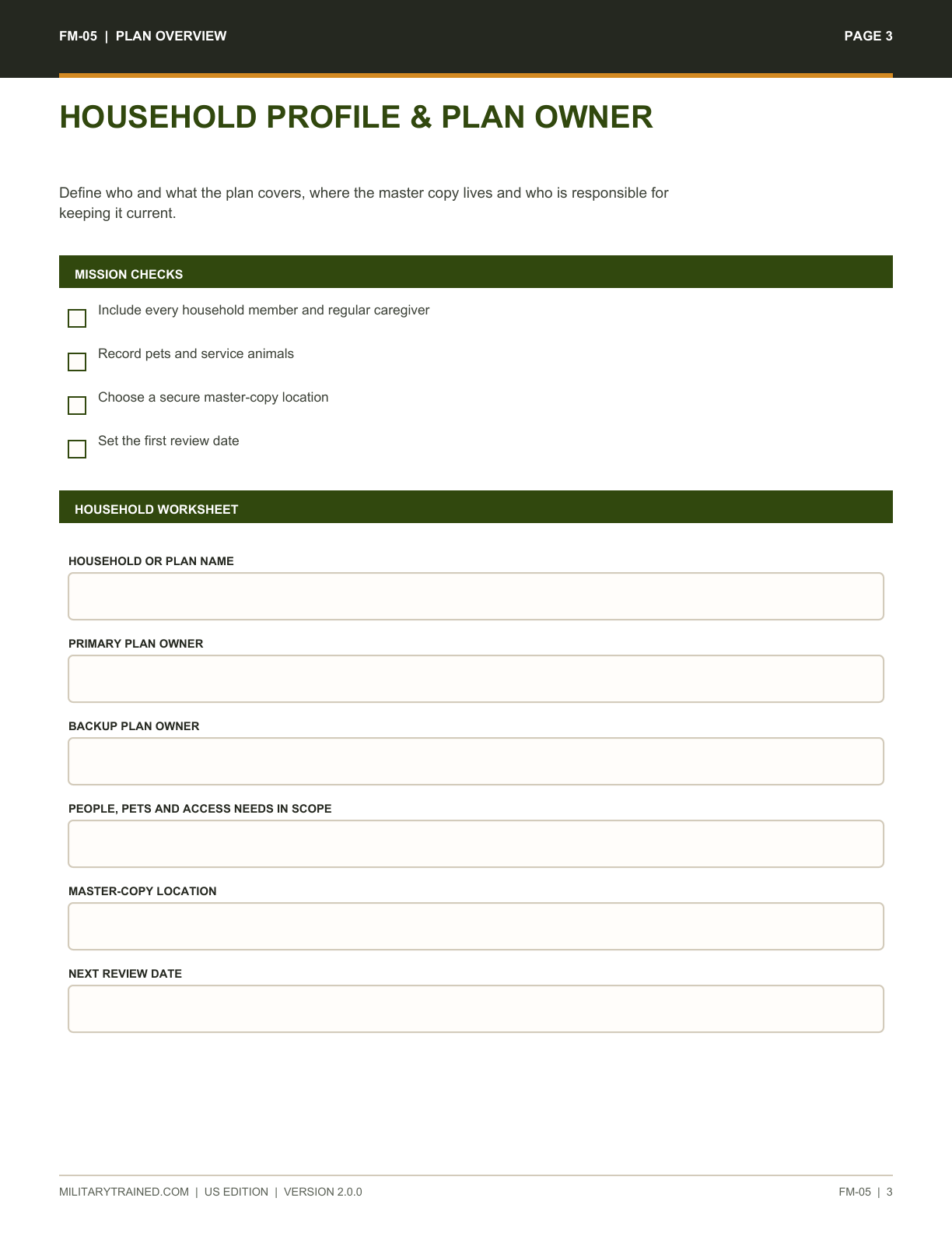 Household profile worksheet from the Family Emergency Plan and Radio Communications System