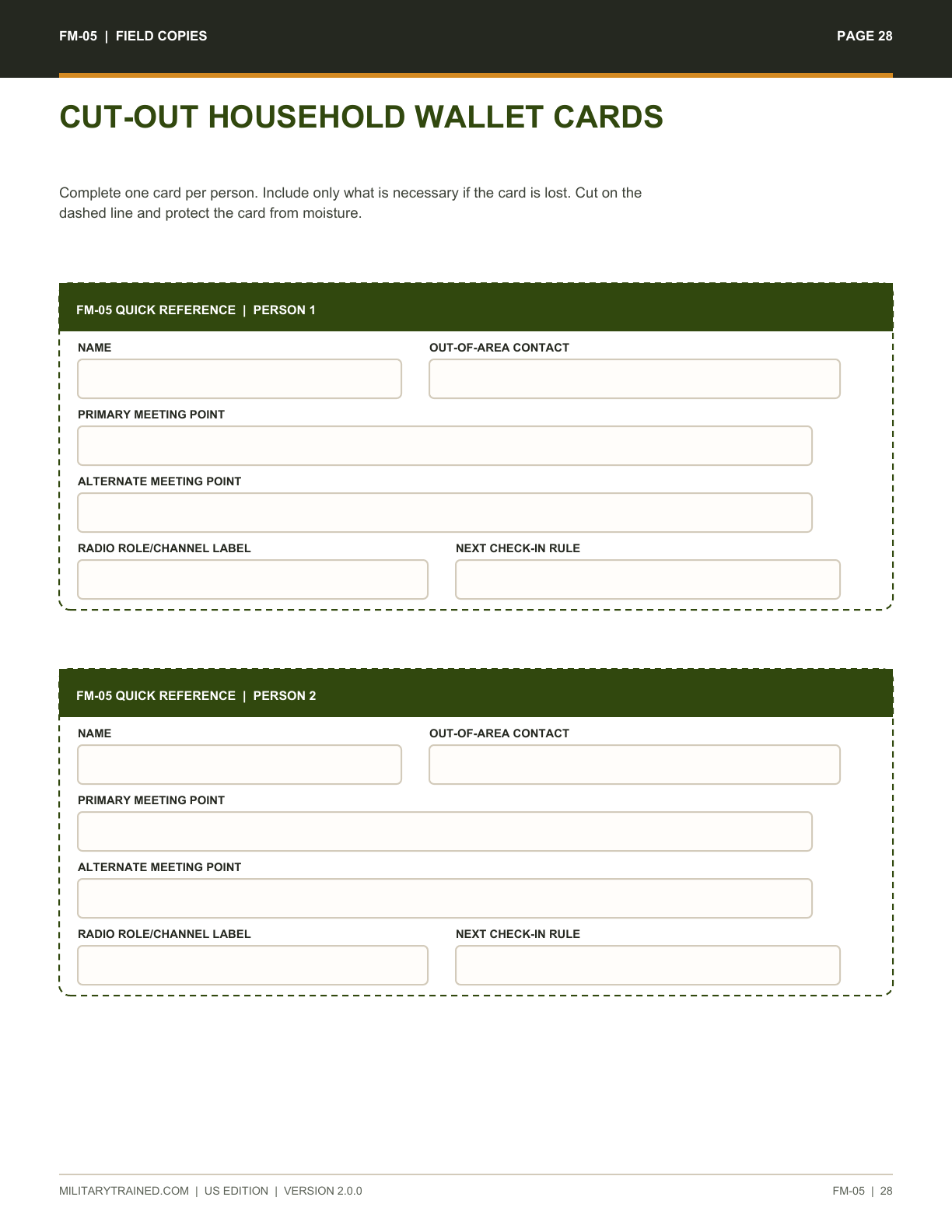 Cut-out household wallet cards from the Family Emergency Plan and Radio Communications System