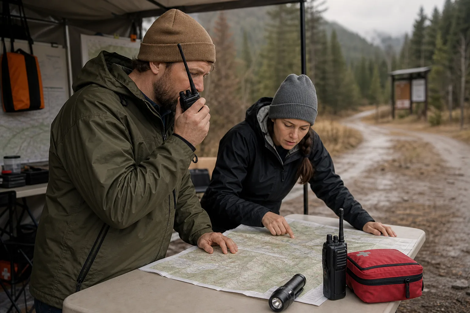Two civilian preparedness volunteers coordinating by handheld radio and map at a field operations shelter