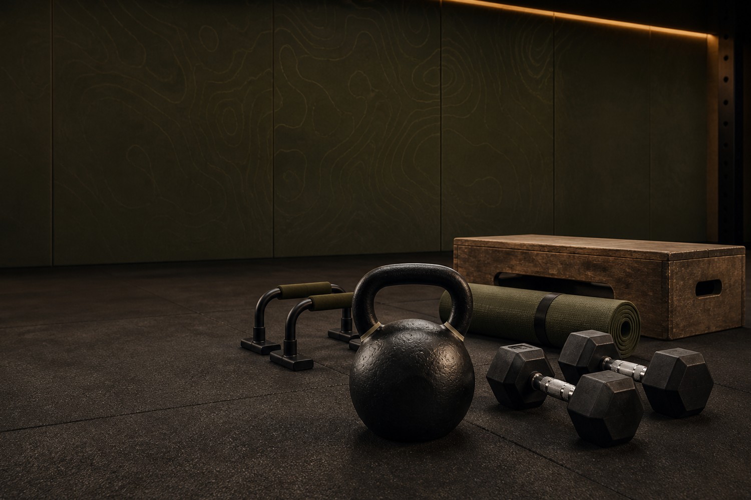 Kettlebell, dumbbells, training mat and stopwatch arranged in a disciplined training space